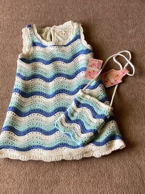 btween White, Light Blue & Blue Crochet Wave Dress with Matching Bag